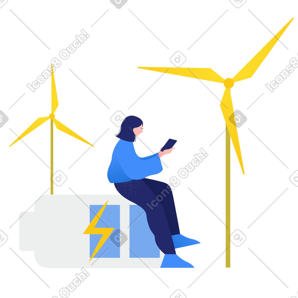 Woman sitting at battery level next to wind turbines illustration in Clip style download in PNG, SVG
