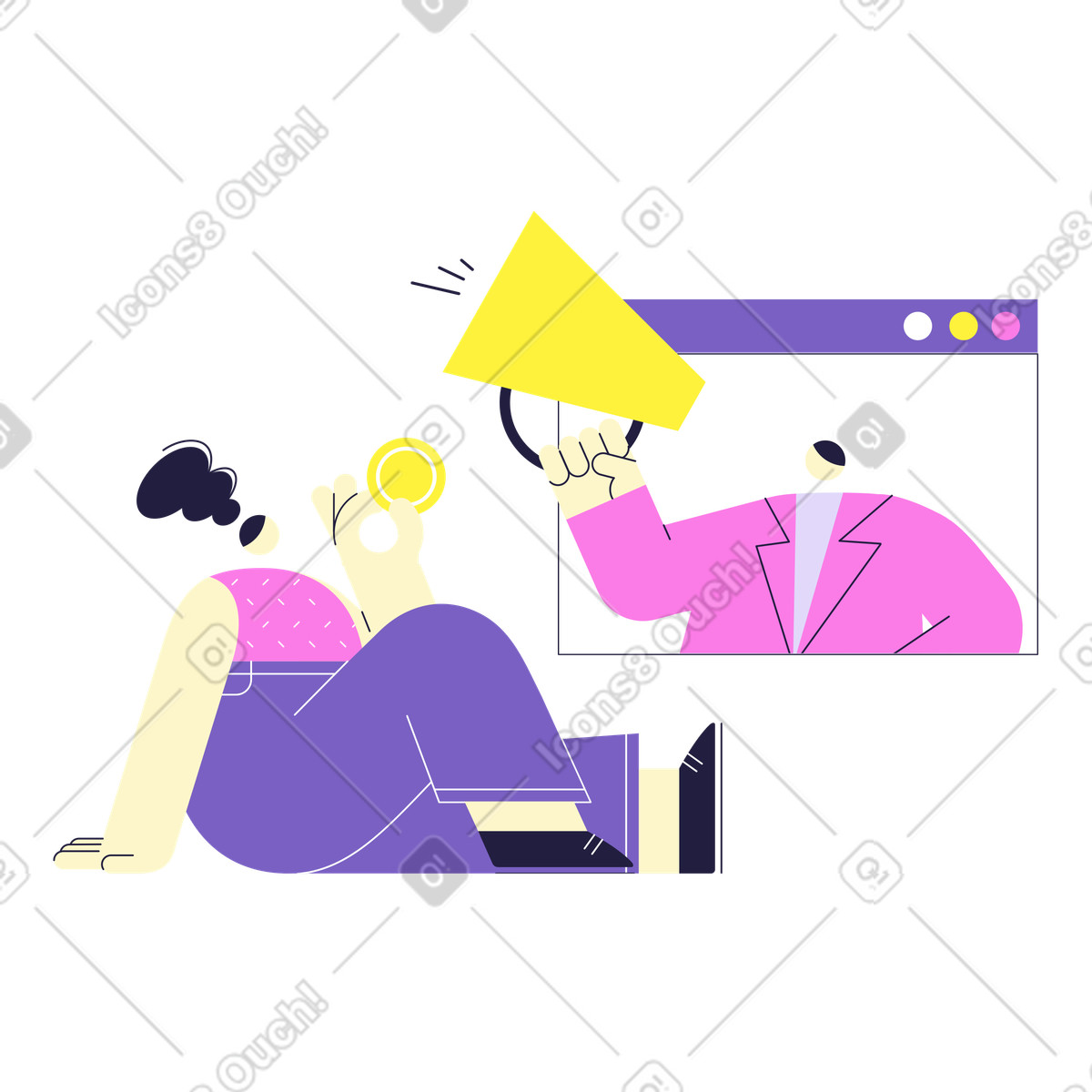 Illustration Publicité en ligne. homme avec un haut-parleur dans ordinateur et une fille assise sur sol de l'argent le style Mellow à télécharger aux formats PNG, SVG