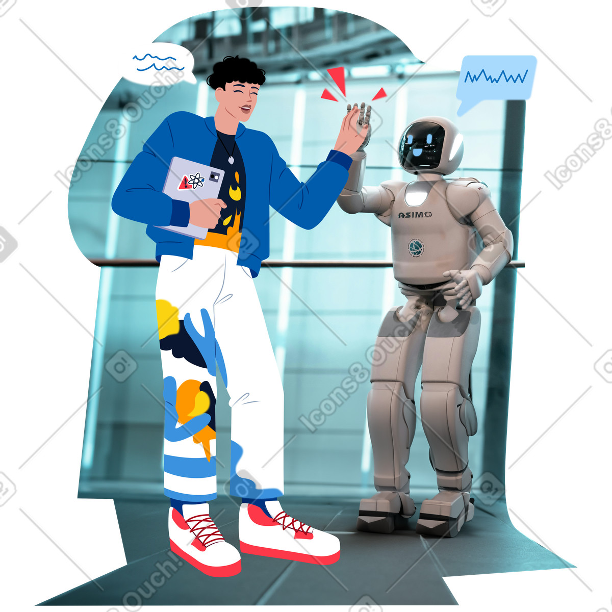 下载 Everyday 风格的 Young man high-fiving a robot 插画，支持 PNG、SVG 格式