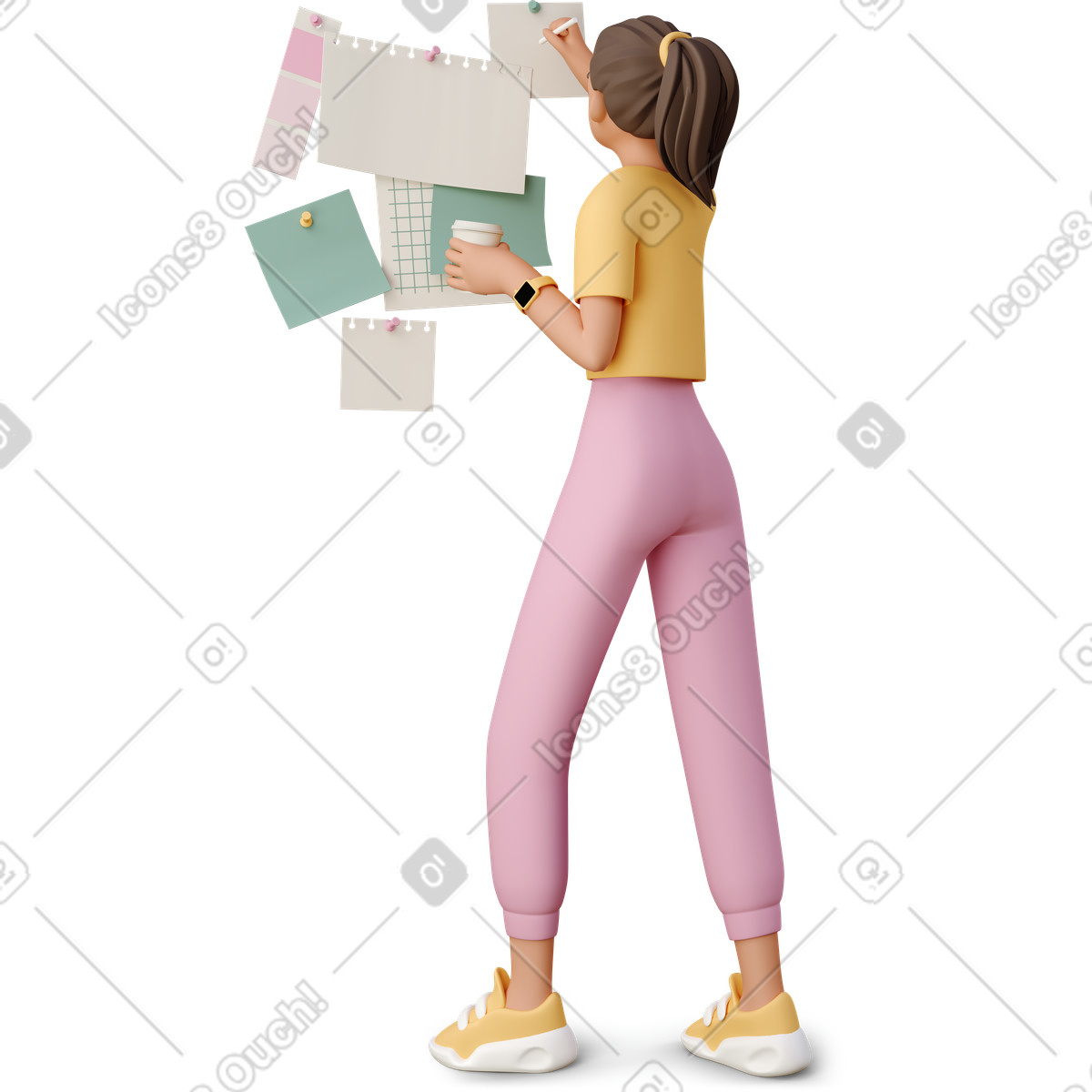 3D Casual life 스타일의 Young woman pinning picture on moodboard 일러스트레이션 PNG, SVG 다운로드