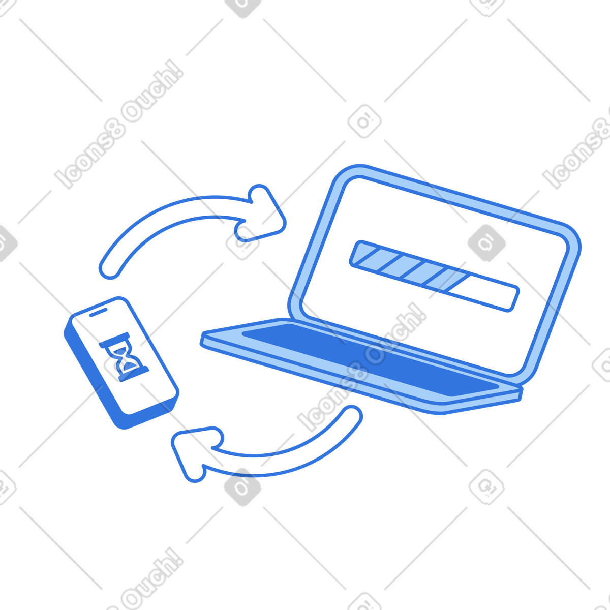 Device synchronization between laptop and smartphone illustration in Sky style download in PNG, SVG