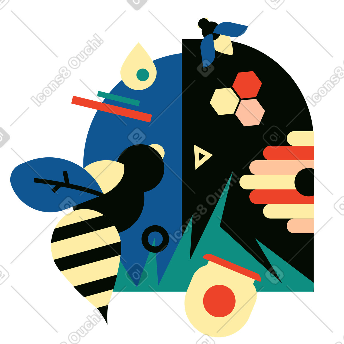 Honey bottle with buzzing creatures in an apiary illustration clipart for bees graphic