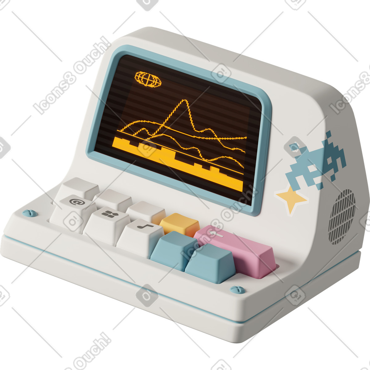 Retro mini computer with pixel graph screen animierte Illustration im 3D Casual life-Stil als Download in GIF, Lottie (JSON), AE