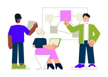 A group discussing ideas in a meeting - Cubes style illustration