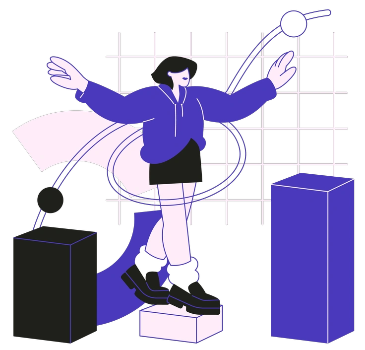 A person balancing on geometric shapes - Blueberry style illustration