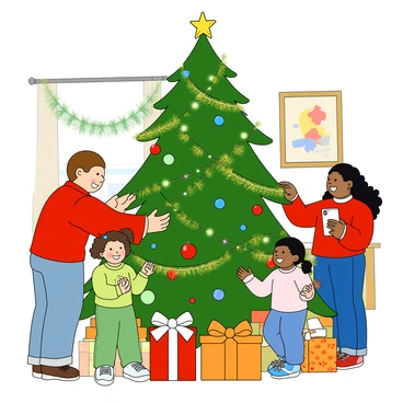 A diverse family of four is decorating a large, evergreen Christmas tree. The father, with light skin and short brown hair, is hanging a shiny red ornament on a branch. The mother, with medium skin and long black hair, is placing a golden star on top of the tree. Two children, a boy with curly hair and a girl with pigtails, are holding colorful garlands and laughing together. The tree is adorned with multicolored lights, sparkling tinsel, and various ornaments. Surrounding the tree, there are wrapped gifts with festive patterns. The family is posing for a photo, holding their phones, with cheerful smiles. The background features a cozy living room decorated with garlands and holiday-themed artwork.