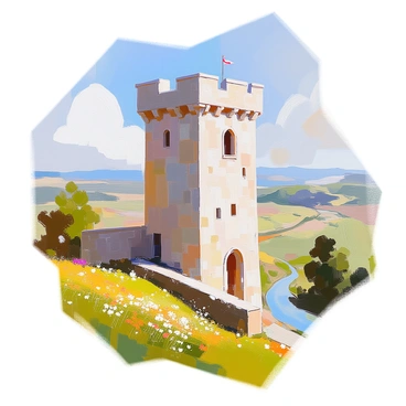 A medieval castle tower made of gray stone rises prominently against the sky. The tower features a small arched window, framed by intricately carved stonework. Through the window, a view of the lush, rolling countryside is visible, with fields of green and patches of wildflowers scattered throughout. In the distance, a winding river glimmers under the sunlight. The surrounding landscape is dotted with trees and a few distant hills, creating a picturesque backdrop. The overall scene conveys a sense of history and tranquility.