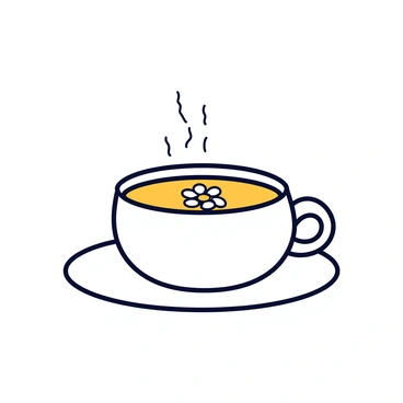 A steaming cup of herbal tea sits on a simple white saucer. The tea has a golden brown color, with delicate mayflower petals floating gently on the surface. The cup has a smooth, rounded shape with a small handle. Soft wisps of steam rise from the tea, adding a sense of warmth to the scene.