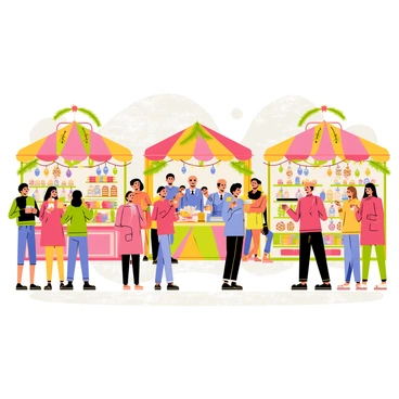 A bustling Christmas market filled with colorful stalls and vibrant decorations. The stalls are adorned with twinkling string lights and garlands of pine. Each stall displays a variety of ornaments, including shiny baubles and handmade decorations, along with trays of seasonal treats like gingerbread cookies and candy canes. Crowds of people are mingling, some holding warm cups of mulled wine, while others browse the festive goods. Snow lightly falls from the sky, creating a cozy winter atmosphere.