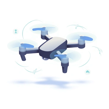 An illustration shows a drone hovering in mid-air with four propellers emitting a soft blue glow. Each propeller is angled slightly upward, creating a visible stream of air below the drone. The drone's body is sleek and modern, with a shiny black and silver finish. Surrounding the drone is a faint outline of the air currents, depicted as soft, wavy lines indicating movement. Below the drone, a shadow is cast on the ground, reflecting its position in the air. Small icons around the drone illustrate the concept of altitude control and stabilization mechanisms.