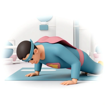 A superhero, wearing a blue and red costume with a prominent emblem on the chest, is doing push-ups on a gym floor. The superhero has a muscular build, short hair, and is focused intently on the exercise. The background shows gym equipment, including weights and a mirror, suggesting a well-equipped fitness area. A sweatband is placed on the hero's forehead, and droplets of sweat are visible, enhancing the intensity of the workout. The superhero's cape, in bright red, is tucked behind their back, fluttering slightly as they move.