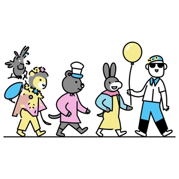 A variety of animals walking in a line down a street. A lion is wearing a colorful feathered hat and a patterned cape. Next to the lion, a bear has on a striped top hat and a bow tie. A rabbit is dressed in a bright sailor suit and a small captain's hat. A parrot is perched on a monkey's shoulder, wearing sunglasses and a flower lei. Festive decorations, including balloons and banners, are visible along the street, adding to the lively atmosphere.