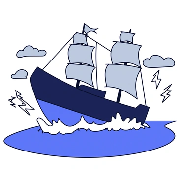 A large ship tilting dramatically to one side, its hull painted navy blue. The ship's sails are billowing in the strong winds, with dark gray clouds swirling above. Waves crash against the side of the ship, creating splashes of white foam. Lightning illuminates the scene periodically, adding to the sense of turmoil. The ocean is depicted with deep blue hues, reflecting the intensity of the storm.
