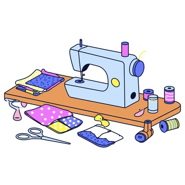 A sewing machine with a sleek design positioned at a wooden craft table. Surrounding the machine are various colorful fabrics in different patterns, including polka dots, stripes, and floral designs. Scattered around the fabrics are spools of thread in vibrant colors, and a pair of scissors rests nearby. The craft station has a warm and inviting atmosphere, with natural light illuminating the workspace.