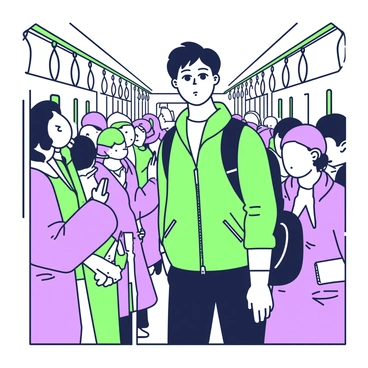 A person is standing in a crowded subway car during rush hour. The individual has slightly disheveled hair and is wearing a fitted jacket with a backpack slung over one shoulder. They are glancing around, displaying a look of concern. Around them, numerous commuters are tightly packed, some holding onto the overhead poles while others are engrossed in their mobile devices. The interior of the subway car features bright lights and metal poles, contributing to the sense of confinement. The people nearby are dressed in various styles, with some wearing winter coats and others in casual attire. The atmosphere is tense, and the person's body language indicates their discomfort in the bustling environment.