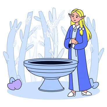 A tall, elegant elf named "Galadriel" stands beside an ornate, circular basin known as the "Mirror of Galadriel". The basin is filled with shimmering, dark water that reflects "Galadriel's" serene expression. Surrounding her are swirling images of both past and future events, depicted as faint, ethereal shapes and colors that blend into each other. The scene is set in a softly lit forest, with delicate leaves glimmering in the gentle light. "Galadriel's" long, flowing hair cascades down her shoulders, enhancing her regal appearance.