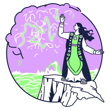 A powerful sorceress stands on the edge of a rugged ocean cliff. She has long flowing hair that dances in the wind, and she is dressed in an intricate robe adorned with mystical symbols. Her hands are raised towards the darkening sky, where storm clouds are forming, swirling with intensity. Lightning flashes can be seen dancing within the clouds above her. The ocean below crashes against the cliff face, sending up sprays of white foam. The air is thick with energy, and the atmosphere around her is charged with magic. She gazes intently into the gathering storm, commanding the forces of nature.