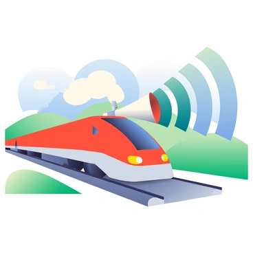 A sleek, modern train with a bright red and silver exterior is passing by on its tracks. The train is releasing a billowing cloud of steam from its engine as it moves swiftly along the landscape. The front of the train features a prominent horn, which is depicted emitting bold, arcing sound waves in various shades of blue and green that extend into the distance. The background shows a blurred, green countryside with rolling hills and a clear blue sky, emphasizing the speed and power of the train as it travels through the scene.