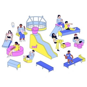 A colorful playground filled with various play equipment for adults. There are swings made of durable materials, large enough for adults to sit comfortably. Nearby, a tall slide with a smooth surface is designed for easy descent. In one corner, a sandbox is present, with adults playing with large buckets and shovels. There are also climbing structures resembling small mountains, with adults scaling them and enjoying the challenge. Brightly colored benches are scattered around, where adults can relax and watch others play. The atmosphere is lively and filled with laughter.