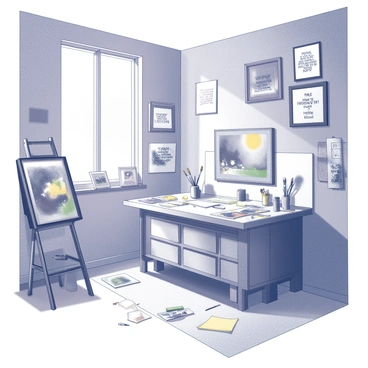 A studio space filled with various student artworks displayed on the walls. The artworks range from paintings to sketches, showcasing diverse styles and subjects. Inspirational quotes about creativity are framed and hung throughout the room, adding an encouraging atmosphere. The studio features a large worktable cluttered with art supplies like brushes, paints, and sketchpads. Soft, natural light filters in through a window, illuminating the space and highlighting the vibrant colors of the artwork. The floor is scattered with paper and art tools, creating an environment bustling with artistic energy.