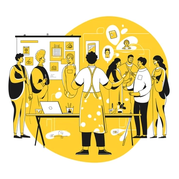 An artist is standing at a table in the middle of a busy tech conference, surrounded by a crowd of people. The artist is focused on creating live sketches on a large sheet of paper. Various attendees are visible in the background, engaged in conversations and interacting with innovative technology displays. The artist is wearing an apron covered in ink stains and holding a black ink pen in one hand. Several sketches in progress are scattered around the table, showcasing gadgets and people. A laptop and a few colorful markers are also seen on the table, adding to the creative atmosphere.