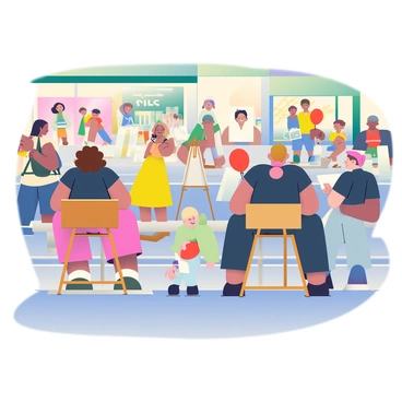 A bustling street scene on Orchard Road is filled with activity. In the foreground, several artists are sitting at easels, intently sketching lively passersby. One artist with curly brown hair is capturing the image of a woman wearing a bright yellow dress as she walks by. Another artist, dressed in a black t-shirt, is focused on a child with a red balloon, their expression full of joy. The street is lined with vibrant storefronts showcasing colorful displays, and people of various ages and styles are strolling along the sidewalk, some chatting and others checking their phones. The sun casts a warm light over the scene, creating a lively atmosphere.