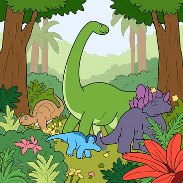 A group of playful dinosaurs, including a large green brachiosaurus, a small blue velociraptor, and a tall purple triceratops, are exploring a lush, prehistoric jungle. The jungle is filled with towering trees that have thick trunks and wide canopies, casting dappled sunlight on the forest floor. Colorful plants with large leaves and blooming flowers surround the dinosaurs, adding splashes of red, yellow, and pink throughout the scene. A few ferns and small shrubs with bright green foliage are scattered around them. The dinosaurs appear curious and friendly, interacting with their vibrant environment as they wander through the dense foliage.