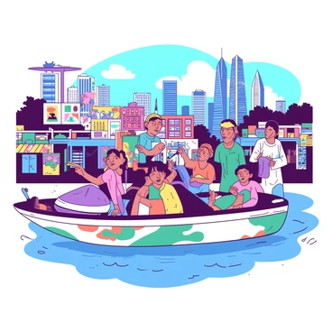 A vibrant duck boat in the foreground is filled with a diverse group of local artists passionately discussing their works. The boat is painted in a mixture of colors, featuring bright splashes of teal and orange. Surrounding the boat is a picturesque view of Singapore's skyline, with modern skyscrapers in the background. Colorful murals by local artists adorn the nearby buildings, showcasing a variety of styles and themes. The scene is lively, with some artists holding sketchbooks and paints, while others point out their favorite pieces from the tour. The water is reflecting the boat and the artwork, enhancing the colorful atmosphere.