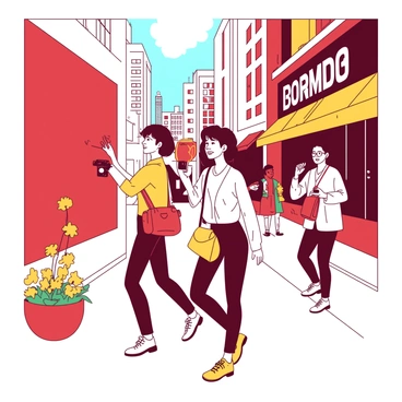 Two friends are walking through a bustling city, surrounded by tall buildings and colorful storefronts. One friend is holding a camera, focusing on a striking red mural on a nearby wall. The other friend is capturing the moment on their phone, with a wide smile on their face. Bright yellow flowers are blooming in a planter nearby, adding to the lively atmosphere. A street performer can be seen in the background, playing a cheerful tune that complements the scene.