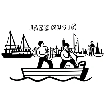A jazz band consisting of musicians playing a trumpet, a saxophone, and a double bass is performing on a wooden boat. The musicians are focused on their instruments, immersed in the rhythm of the music. The boat is surrounded by multiple other boats of varying sizes in the bustling harbor. In the background, there are tall masts of sailboats and silhouettes of buildings lining the waterfront. Waves gently lap against the sides of the boat, creating an engaging atmosphere of activity. "Jazz Music" is written in bold letters above the band.