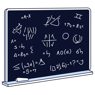 A blackboard that is predominantly black, covered with various complex mathematical equations and diagrams written in white chalk. The equations are arranged in a seemingly chaotic manner, with formulas involving integrals, derivatives, and geometric shapes. Diagrams of graphs and geometric figures, such as circles and triangles, are interspersed among the equations. A piece of chalk is resting on the ledge of the blackboard, and the room has a sense of being an active math classroom.