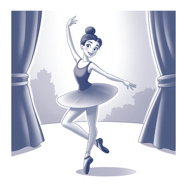 A cartoon ballerina character is depicted performing a pirouette on a theater stage. She is wearing a tutu and ballet slippers, with her arms elegantly extended and her head turned to the side. The stage is adorned with heavy curtains, and soft lighting casts gentle shadows. The ballerina's hair is styled in a neat bun, with a few wispy strands framing her face. The background features a hint of ornate decorations typical of a theater setting, suggesting an atmosphere of performance and artistry.