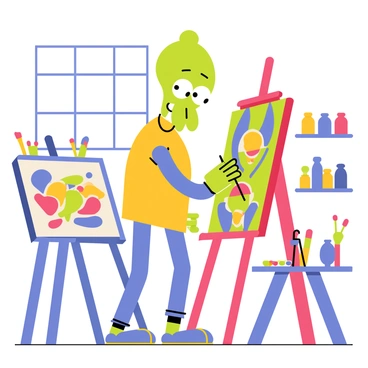 A cartoon-style illustration of "Squidward Tentacles" standing in his art studio. He is surrounded by colorful art supplies, including paintbrushes and an easel. "Squidward" has a focused expression on his face as he carefully paints a large canvas filled with vibrant colors. The studio has shelves lined with paintings and a window letting in light. A small palette with various paint colors rests on a table beside him, emphasizing his dedication to creating a masterpiece.