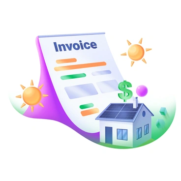 A modern pastel illustration featuring an invoice prominently displaying the savings from "Solar Panel Installation" on a house. The invoice is shown at the center, with a clear header at the top labeled "Invoice" in bold letters. Surrounding the invoice are visual elements including a sun symbol with rays, a house with solar panels on the roof, and a green dollar sign representing savings. The background includes abstract shapes in soft pastel colors, enhancing the overall composition.