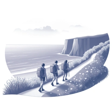 A group of hikers walking along a winding coastal path. The path is bordered by lush, green grass and wildflowers swaying gently in the breeze. The hikers are outfitted with sturdy backpacks and wear hiking boots. In the background, steep cliffs rise dramatically, their rugged texture visible as they meet the sea. The ocean stretches out towards the horizon, with gentle waves lapping against the shore. The sky above is vast and open, dotted with a few clouds.