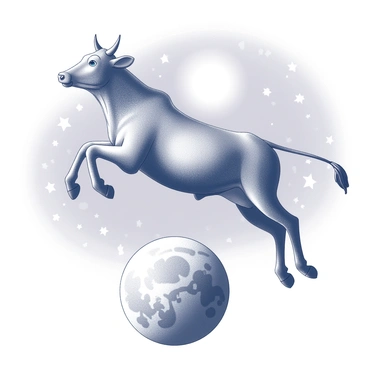 A cow leaping elegantly through the air, its legs extended and body arched in mid-jump. The cow is positioned above a large, round moon, which is depicted in a soft, detailed manner. The background features a starry night sky, filled with various sizes of stars scattered across the canvas. The moon shines brightly, illuminating the cow and creating a dreamy atmosphere around the scene. The overall composition captures the movement and grace of the cow as it soars over the moon.