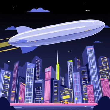 A sleek, metallic airship with a streamlined design is soaring above a bustling city. The cityscape is filled with tall, towering skyscrapers that have large glass windows reflecting vibrant neon lights in shades of pink, blue, and green. The airship casts a subtle shadow over the busy streets below, where small vehicles and pedestrians can be seen moving about. The night sky is dotted with scattered clouds, and the glow from the neon lights illuminates the scene, creating a lively atmosphere.