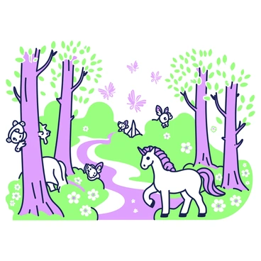 A magical forest scene filled with tall, slender trees that have twisting trunks and expansive canopies. Soft, fragrant flowers in clusters grow along the ground, introducing a touch of vibrancy. Among the trees, various mythical creatures can be seen. To the left, a small faun is peeking from behind a tree, its ears pointed and eyes wide with curiosity. To the right, a graceful unicorn stands with its mane flowing, glistening under the filtered light through the leaves. In the background, a gentle stream flows, its surface sparkling where it catches the light, and a family of fairies flits about, their wings shimmering as they interact with the flora.