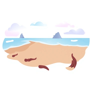 A vast empty beach stretches out under a soft gradient of pastel colors in the sky. The sand is smooth and untouched, leading to gentle waves lapping at the shore. Scattered along the beach are various pieces of driftwood, each with unique shapes and textures, some partially buried in the sand. In the distance, a faint outline of a rock formation juts out of the water, silhouetted against the pastel horizon. The overall scene conveys a sense of calm and solitude.