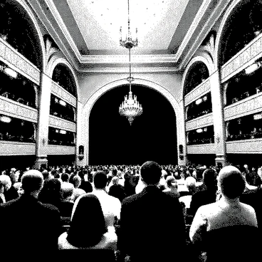An elegant opera house is depicted with grand architectural features, including high ceilings and intricate moldings. The interior is adorned with opulent chandeliers that hang from above, casting soft light over the scene. The audience is seated, wearing formal attire such as tuxedos and evening gowns. Men have neatly groomed hairstyles, while women wear elegant updos, with some holding ornate fans. The rows of seats are filled with guests, all attentively focused on the stage. Rich details in the audience's clothing and expressions convey the atmosphere of excitement and anticipation.