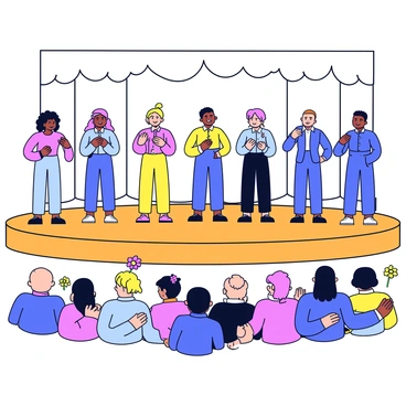 A group of six theater performers stands on a wooden stage. They take bows, smiling and showing appreciation to the audience. Each performer wears a different colorful costume, representing various characters. The audience is filled with people of different ages, all applauding and giving a standing ovation. In the foreground, there are some flowers thrown onto the stage from the audience. The theater has simple curtains in the background.