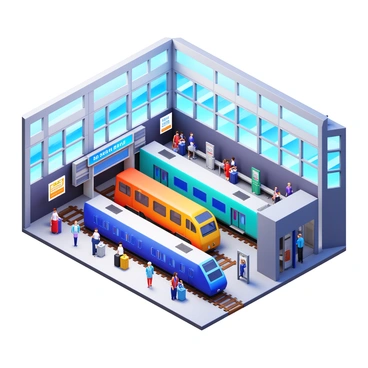 A railway station annex with a modern architectural design. The scene includes several travelers with luggage, some boarding trains and others waiting on the busy platforms. There are digital displays showing train schedules. Various trains in different colors are visible at the platforms, with some passengers interacting with staff members. The environment features benches for waiting, trash bins, and a ticket booth in the background. Sunlight filters through large windows, illuminating the bustling atmosphere. "Travelers boarding trains" and "busy platforms" are prominent elements throughout the scene.