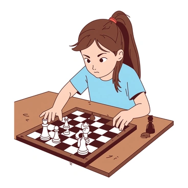 A young girl with long brown hair tied in a ponytail is sitting at a wooden table, intently gazing at an elaborate chessboard. She is wearing a light blue shirt and has a look of concentration on her face. The chess pieces are intricately designed, with some captured pieces set aside on the table. The girl’s hands are poised above the pieces, as if she is about to make her next strategic move. A warm light illuminates the scene, casting soft shadows on the table and highlighting the details of the chess pieces.