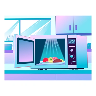 A modern kitchen setting featuring a sleek stainless steel microwave oven. The microwave door is slightly ajar, revealing a plate of food inside that shows visible heat waves creating a shimmering effect above it. The kitchen counters are cluttered with various kitchen utensils, and there are cabinets in soft pastel colors in the background. A window allows bright sunlight to stream into the space, illuminating the cooking process. A digital timer on the microwave display reads a few seconds remaining.