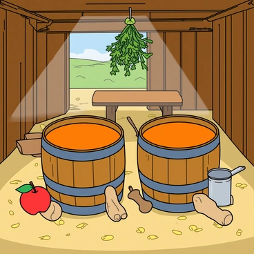Inside a rustic barn with wooden beams and straw scattered on the floor, two large wooden barrels are positioned side by side. Each barrel is filled with a bright orange liquid, reflecting the warm light filtering through the barn's openings. A few apples and ginger roots sit nearby, ready to be added to the mixture. Wooden utensils and a small metal pot are placed on a nearby table. Sunlight casts a soft glow across the scene, highlighting the textures of the wood and the vibrant colors of the ingredients. A bunch of herbs hangs from a hook above, adding a touch of greenery to the composition.
