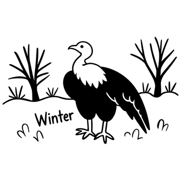 A turkey vulture standing in a snowy field, with its wings partially spread to shield itself from the cold. The ground is covered in a thick layer of snow, with patches of frost clinging to the blades of grass. In the background, stark trees with bare branches create a sense of a wintry landscape. The vulture has its feathers fluffed up against the chill, and the wind is blowing softly, stirring the snow around its feet. "Winter" is inscribed in the snow nearby, accentuating the scene.