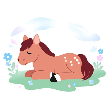 A small foal is lying down in a sunny patch of lush green grass. The foal has a soft, light brown coat with white spots scattered across its body. Its legs are tucked beneath it as it rests peacefully. Around the foal, delicate wildflowers bloom in various colors, adding charm to the scene. Gentle beams of sunlight filter through nearby trees, creating a warm and inviting atmosphere. The grass is vibrant and healthy, with a few blades swaying slightly in a light breeze.