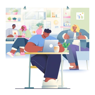 A freelancer with medium skin and short black hair is sitting at a small wooden table in a bustling coffee shop, focused on their laptop. They are wearing a casual blue t-shirt and black jeans. A large cappuccino cup is placed next to the laptop, with steam rising from it. Surrounding them are various patrons: a woman with curly hair is chatting with a friend at a nearby table, while a man with glasses is reading a book. The walls of the coffee shop are decorated with colorful artwork, and there are potted plants in the corners, enhancing the vibrant atmosphere.