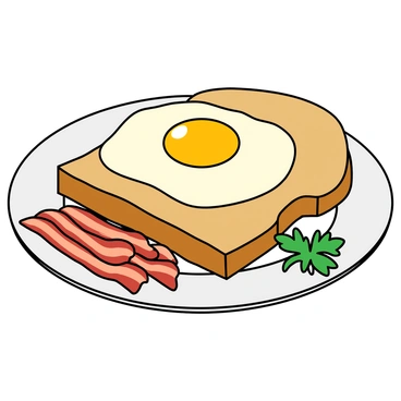A breakfast plate featuring a perfectly fried egg with a golden yolk sitting in the center. Around the egg, there are two slices of crispy toast, slightly angled for visual interest. Alongside the toast, there are several pieces of crispy bacon arranged in a playful, overlapping manner. The plate has a simple white design, and a small sprig of fresh parsley is placed on the side for a pop of color. The arrangement of the food looks inviting and appetizing.