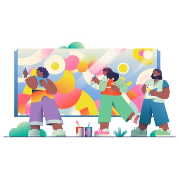 A group of diverse artists is collaborating on a large mural outdoors. The artists include a woman with dark skin and curly hair, who is painting with a bright blue brush; a man with light skin and a beard, mixing vibrant colors on a palette; and a woman with medium skin and straight black hair, sketching the outline of a design. The mural features bold patterns and colorful shapes that fill a wide wall, surrounded by greenery. Various paint cans in rich hues are scattered on the ground, and a few brushes are resting in the grass nearby. The sun casts a warm light over the scene, highlighting the artists' focused expressions as they work together creatively.